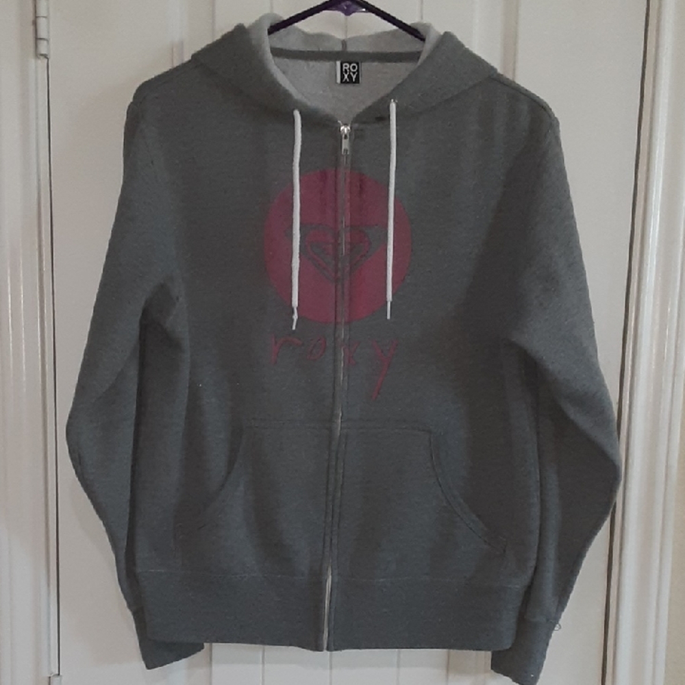 Vintage Y2K Roxy Charcoal Grey Zip Up Hoodie - Pink Logo Heart - Medium